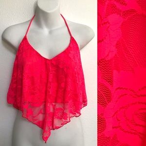 NEON Day-Glo PINK Fluoro LACE CROP TOP M